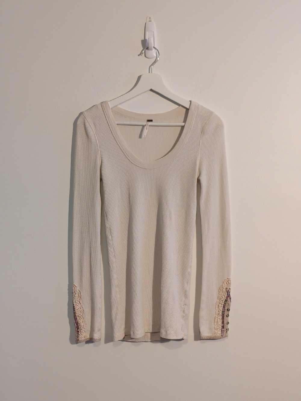 FREE PEOPLE cream long-sleeve scoop neck long sleeve with embroidered cuffs